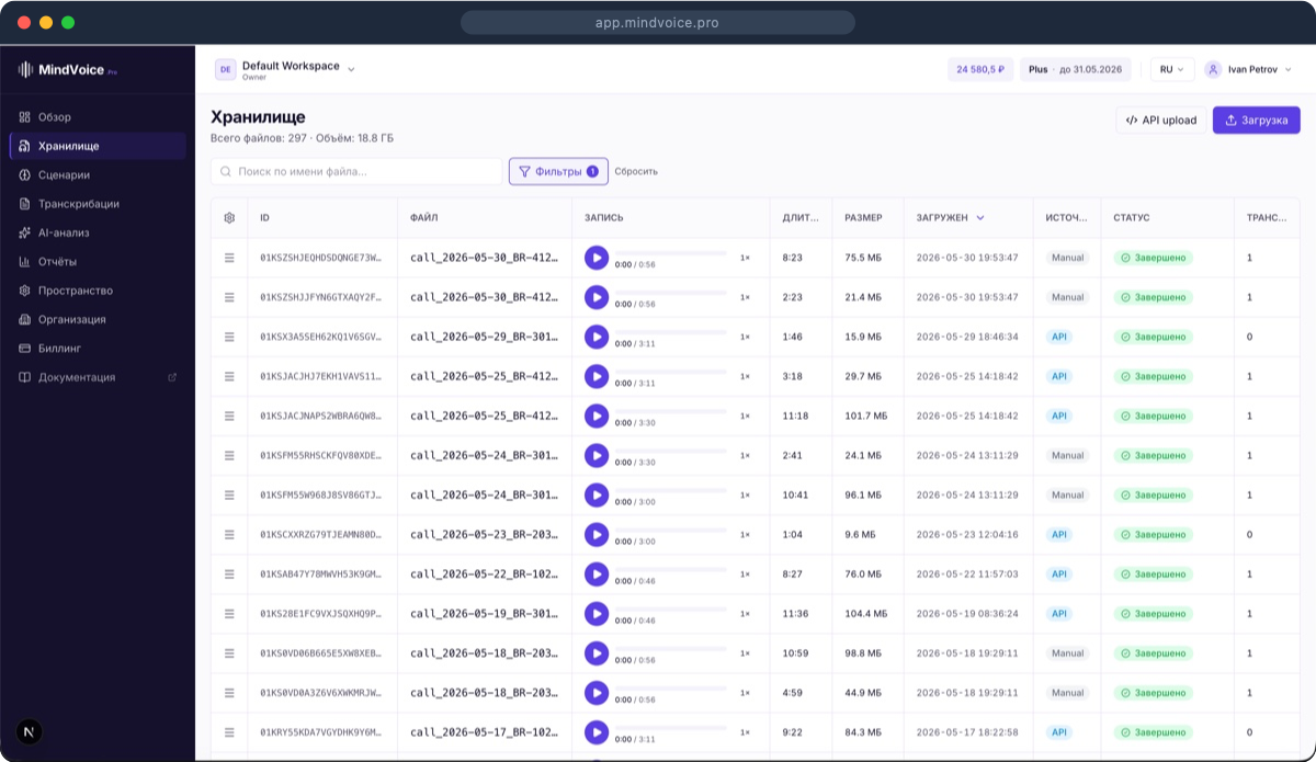 Интерфейс MindVoice целиком в рамке Safari: хранилище, навигация, фильтры и статусы обработки